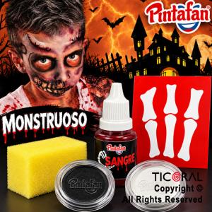 KIT MAQUILLAJE ARTISTICO MONSTRUOSO (616-06) NEGRO Y BLANCO (4 GR)+STENCIL+ESPONJA+SANGRE